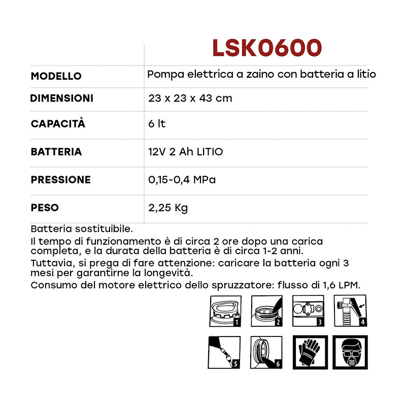 POMPA ELETTRICA CON BATTERIA A LITIO 16L 8AH